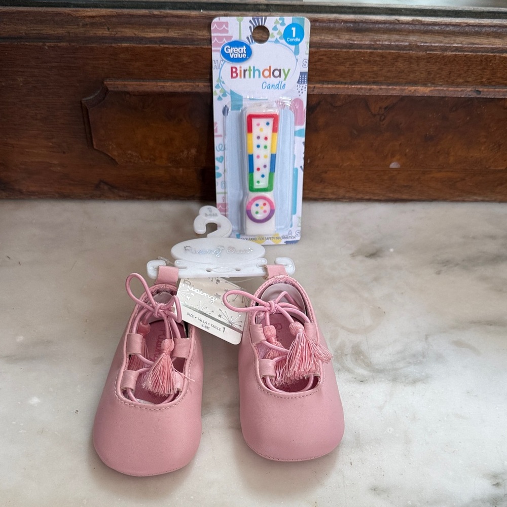 Rising Star Pink Tassel Baby Shoes with Birthday Candle